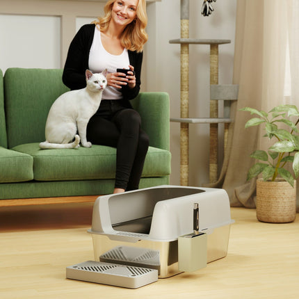 PAWROOM - Kattebakke med låg, kattebakke med scoop, balje i rustfrit stål, kattetoilethus med opbevaringsboks til katte under 4,5 kg, indendørs, lysegrå