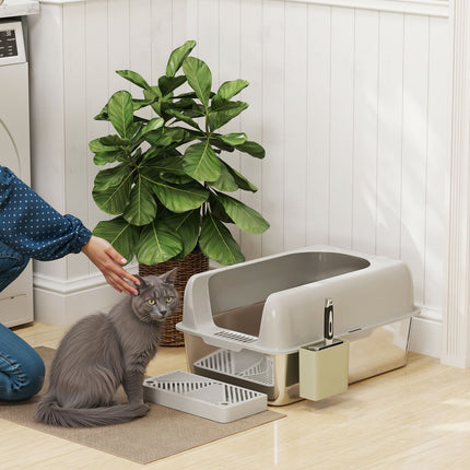 PAWROOM - Kattebakke med låg, kattebakke med scoop, balje i rustfrit stål, kattetoilethus med opbevaringsboks til katte under 4,5 kg, indendørs, lysegrå
