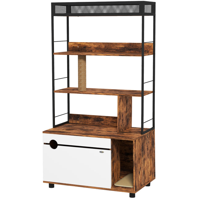 PAWROOM - 2-i-1 skab til kattebakke med 3 hyldeniveauer, kradsestolpe og foldedør, anbefalet til katte op til 6 kg, 80 × 48 × 152 cm, rustik brun