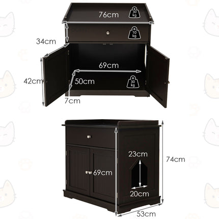 PAWROOM - 3-in-1 Cat House Litter Box Side Table with Drawer, Brown
