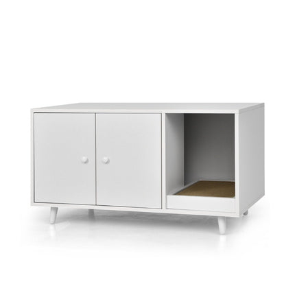 PAWROOM - 2 in 1 Side Table & Cat Cabinet with Scratching Board Cat Litter Box 90 x 50 x 50 cm Coffee Table White