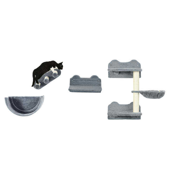 PAWROOM - Katteklatrevæg 4 stykker, klatrekattekradsestolpe med kattetrappe, hængekøje, hoppeplatform, vægkradsestolpe, vægkattemøbel, op til 5 kg