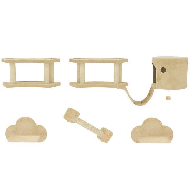 PAWROOM - Katte klatrevægsæt, 5 dele kattemøbler med kradsestolpe, hoppeplatforme, stige, hus, kattevægsramme, til katte op til 5 kg, plys, beige
