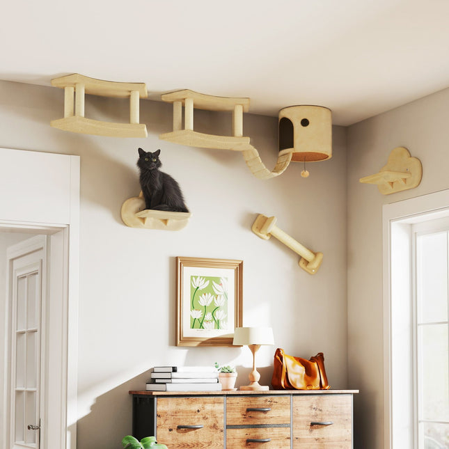 PAWROOM - Katte klatrevægsæt, 5 dele kattemøbler med kradsestolpe, hoppeplatforme, stige, hus, kattevægsramme, til katte op til 5 kg, plys, beige