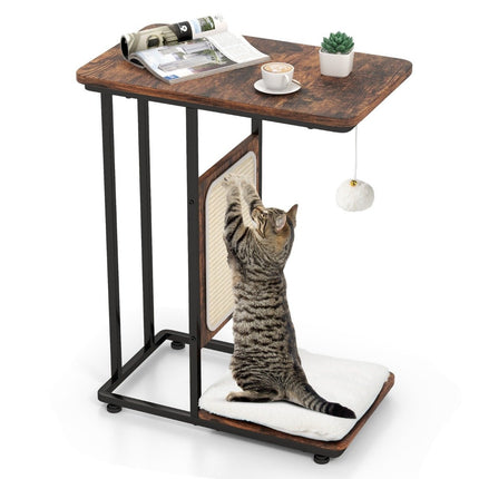 PAWROOM - Side table with sisal scratching board 4 in 1 cat furniture cat scratcher with removable cushion & ball 50 x 30 x 64 cm rustic brown