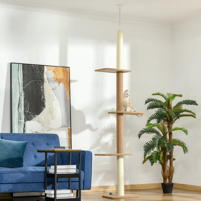 PAWROOM - Højdejusterbar Kradsestolpe Klatretræ Til Katte, Legetræ, Kaki, 43X27X228-260Cm