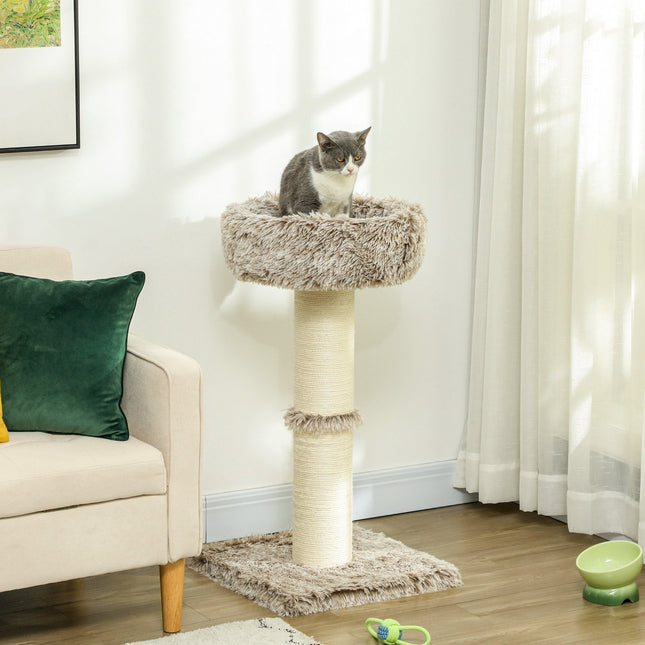 PAWROOM - Kradsestolpe 87 cm højt kattetræ med bed, tyk stamme, kattekradsestolpe med sisal kradsestolpe, til katte op til 6 kg, indendørs, brun