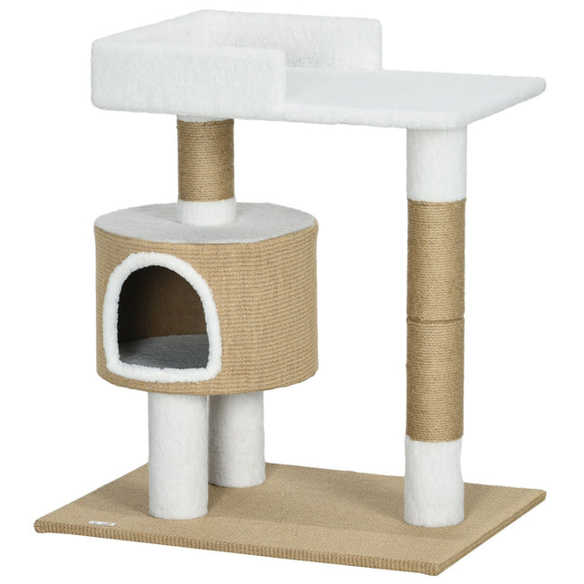 PAWROOM - Kradsestolpe 79 Cm Lille Kattetræ Med Kattehule Og Liggeområde, Til Katte Op Til 8 Kg, Jute, Brun/Hvid