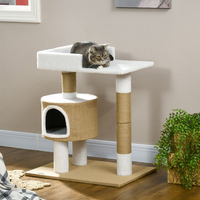 PAWROOM - Kradsestolpe 79 Cm Lille Kattetræ Med Kattehule Og Liggeområde, Til Katte Op Til 8 Kg, Jute, Brun/Hvid