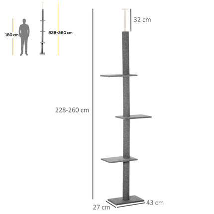 PAWROOM - Højdejusterbar Kradsestolpe Klatretræ Til Katte, Legetræ, Grå, 43X27X228-260Cm