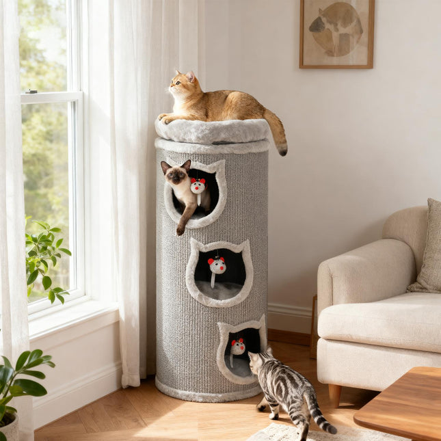 PAWROOM - Kattetårn med vaskbar seng, 96 cm, 3 skjulesteder, grå
