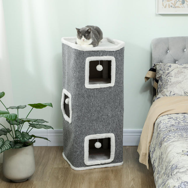 PAWROOM - Kattetårn med 3 huler, grå, spånplade, legebolde
