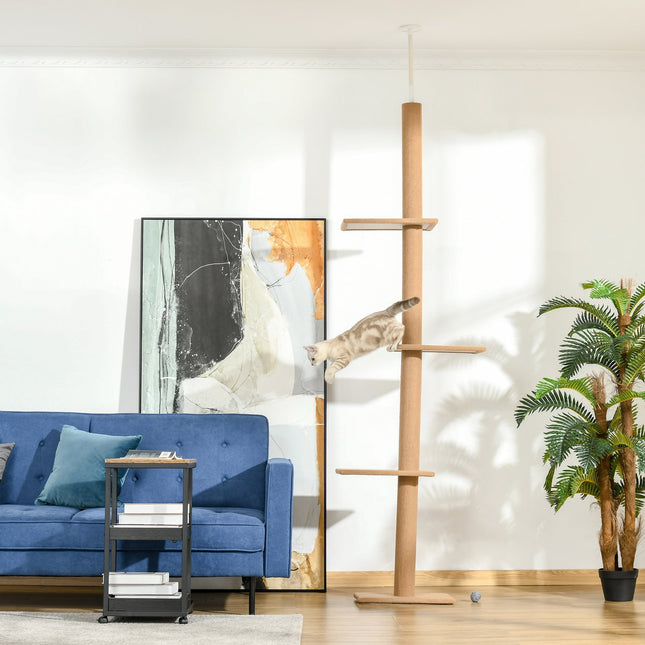 PAWROOM - Højdejusterbar Kradsestolpe Klatretræ Til Katte, Legetræ, Lysebrun, 43X27X228-260Cm