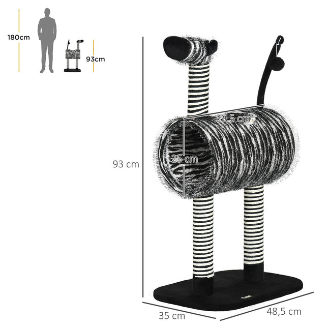 PAWROOM - Kradsestolpe Kat Træ Zebra Design Klatretunnel Jute Stolpe Sort + Hvid 93Cm