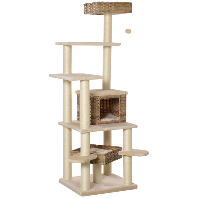 PAWROOM - Rattan Kradsestolpe Klatretræ Kat Med Kattehule Multi-Tier Kattetræ E1 Mdf Sisal Beige+Brun 55 X 55 X 174 Cm