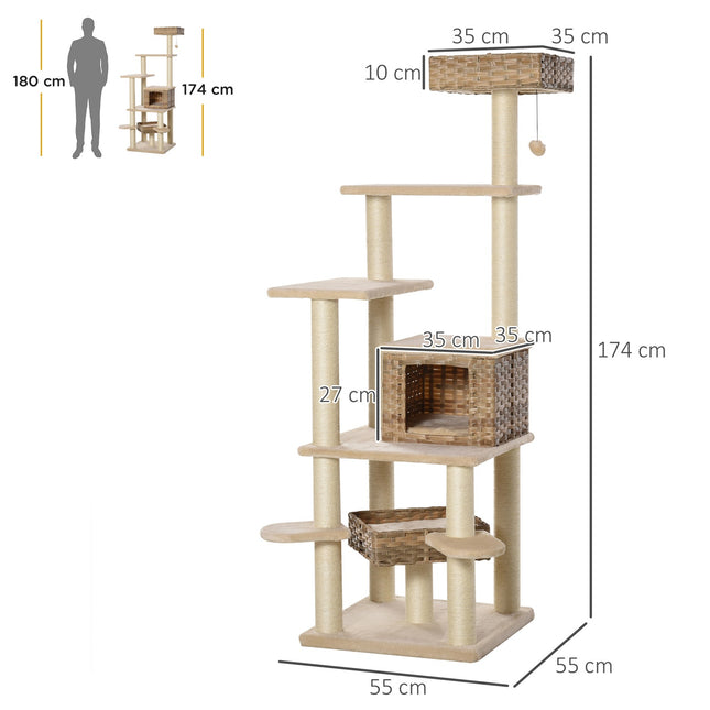 PAWROOM - Rattan Kradsestolpe Klatretræ Kat Med Kattehule Multi-Tier Kattetræ E1 Mdf Sisal Beige+Brun 55 X 55 X 174 Cm