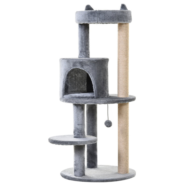 PAWROOM - Cat Tree 4-Tiers Kattehule Med Legebolde, Aborre, Sisal-Søjle, Skrabebræt, Plys, Grå, 48X48X104Cm