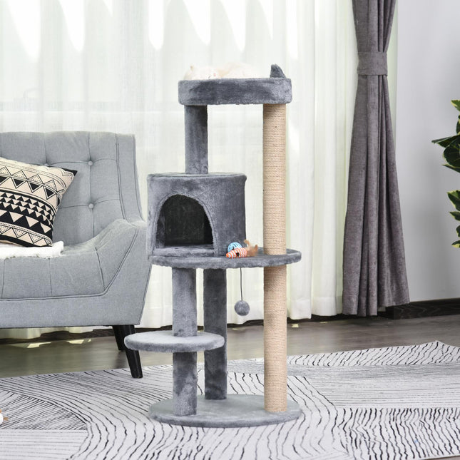PAWROOM - Cat Tree 4-Tiers Kattehule Med Legebolde, Aborre, Sisal-Søjle, Skrabebræt, Plys, Grå, 48X48X104Cm