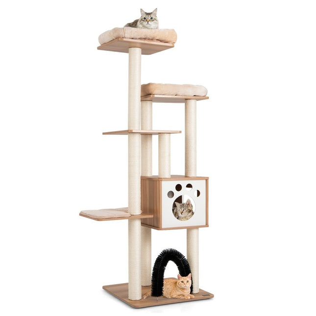 PAWROOM - 176 cm 6-lags kradsestolpe med hyggelige måtter & Cave & Cat Arch Beige