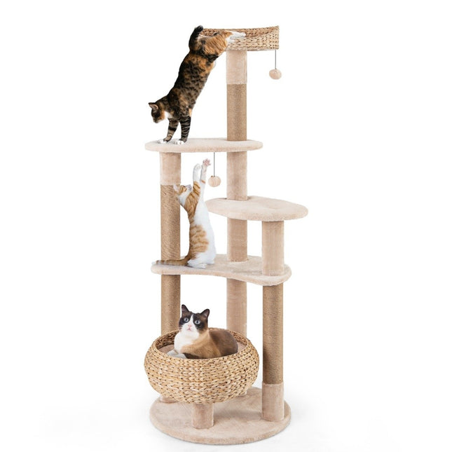 PAWROOM - 64" Scratching Post with Perch & Cattail Basket Bed 6 Tier Climbing Tree Cat Tree