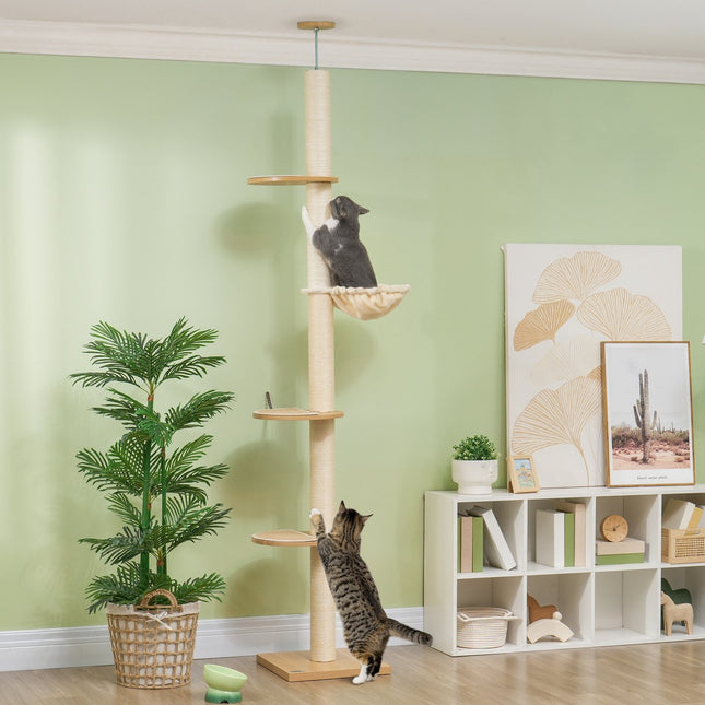 PAWROOM - Kradsestolpe, kat-kradsestolpe lofthøjt, 230-250 cm, klatretræ med hængekøje, højdejusterbar kattetræ, legetræ med spidsbeskyttelse, plys, eg + cremehvid