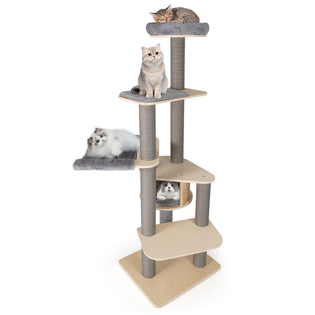 PAWROOM - 197 cm kattetårn i flere niveauer med hængekøje, grå