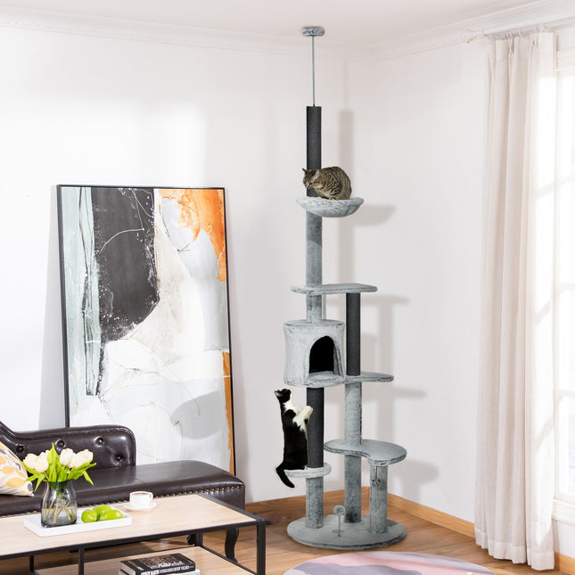 PAWROOM - Loftshøj kradsestolpe, højdejusterbar, 2,25-2,55H m, med anti-tip beskyttelse, kat kradsestolpe med kattehule, kradsestolpe, spillebold, grå