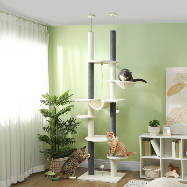 PAWROOM - Kradbestolpe til loftet, kattetræ, 225-255 cm kattekradsestolpe med hængekøjer, kradsestolpe, kurv, legebold, kattemøbel med spidsbeskyttelse, hvid