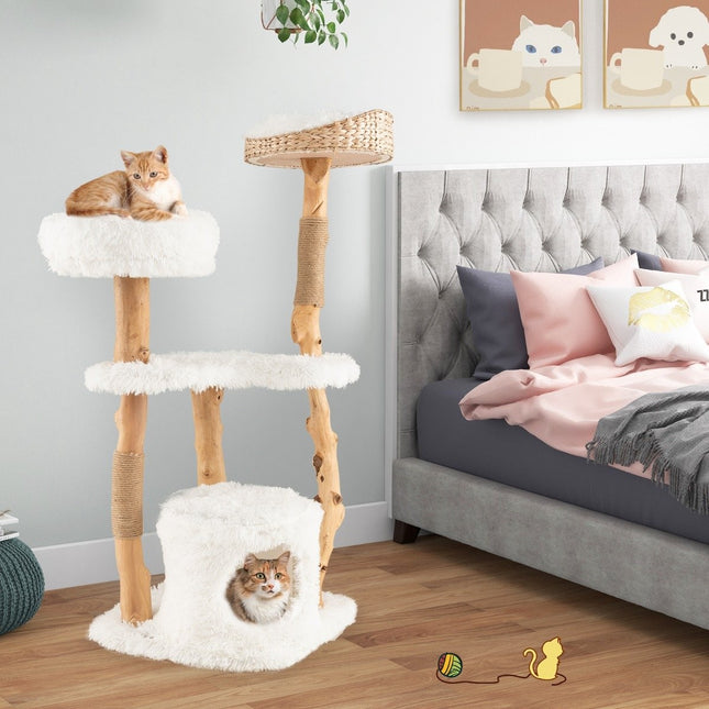 PAWROOM - 124 cm Wooden Cat Tree with Jute Scratching Posts