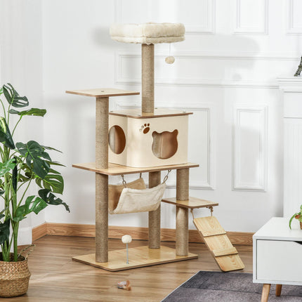 PAWROOM - Trækradsestolpe, kattetræ til katte, klatretræ med kattehule, jutestammer, legebolde, gul, 60x40x130cm
