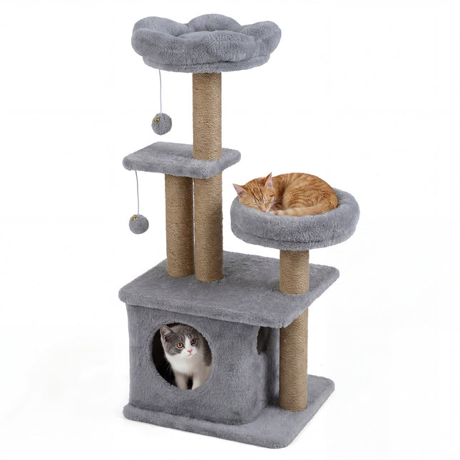 PAWROOM - 96 cm kradsetræ med platform, seng og legetøj, grå