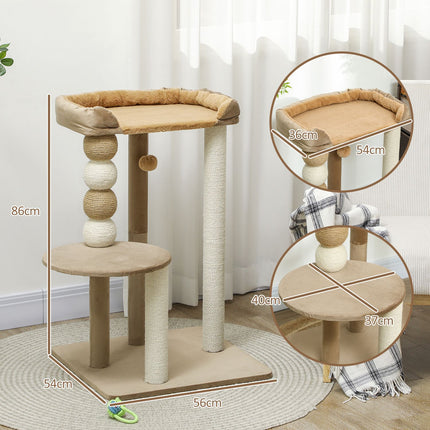 PAWROOM - Kradbestol 86 cm kattetræ med hoppeplatform, seng, legebold, kattekradsestolpe med jute kradsestolpe, til katte op til 7 kg, kaffe