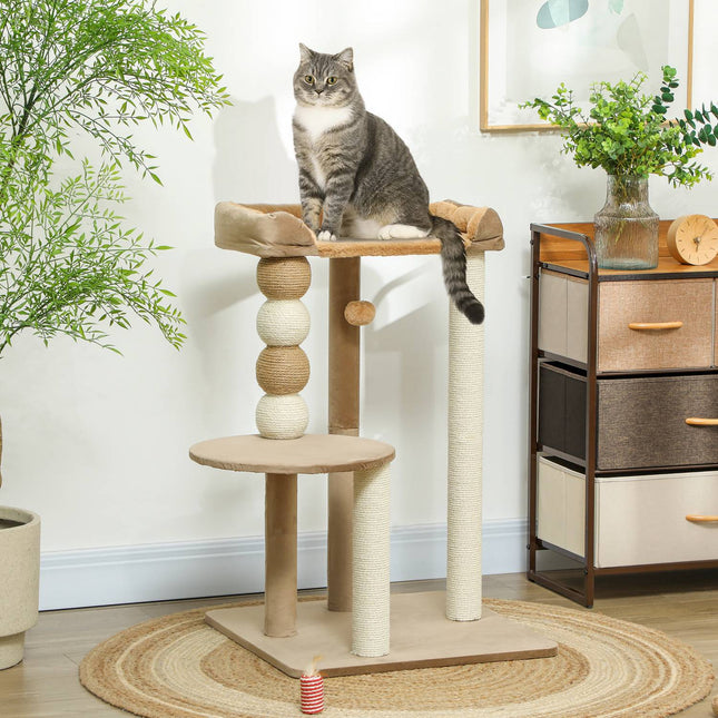 PAWROOM - Kradbestol 86 cm kattetræ med hoppeplatform, seng, legebold, kattekradsestolpe med jute kradsestolpe, til katte op til 7 kg, kaffe