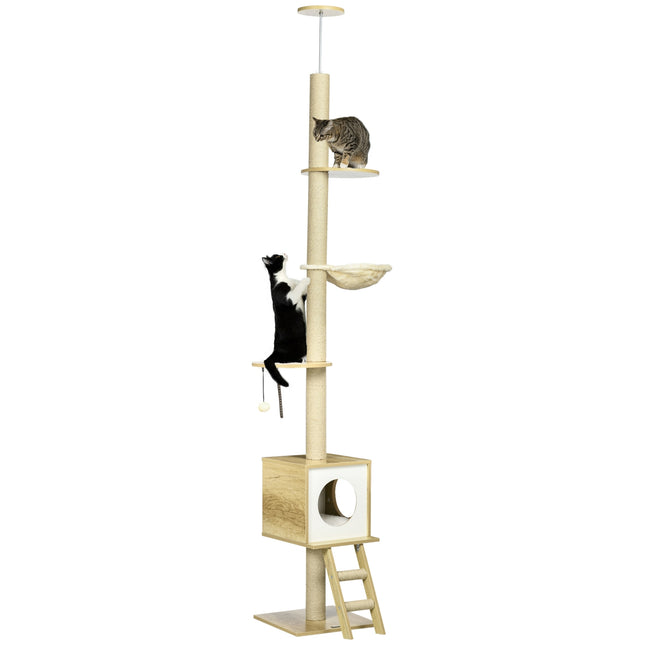 PAWROOM - Kradsestolpe Loft Højt 240-260 Cm, Med Kattehus & Hængekøje, Lysebrun + Beige