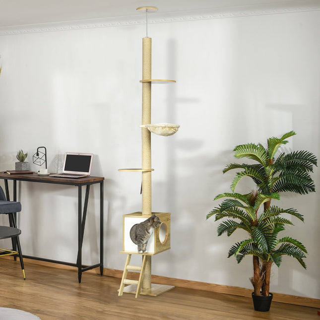PAWROOM - Kradsestolpe Loft Højt 240-260 Cm, Med Kattehus & Hængekøje, Lysebrun + Beige