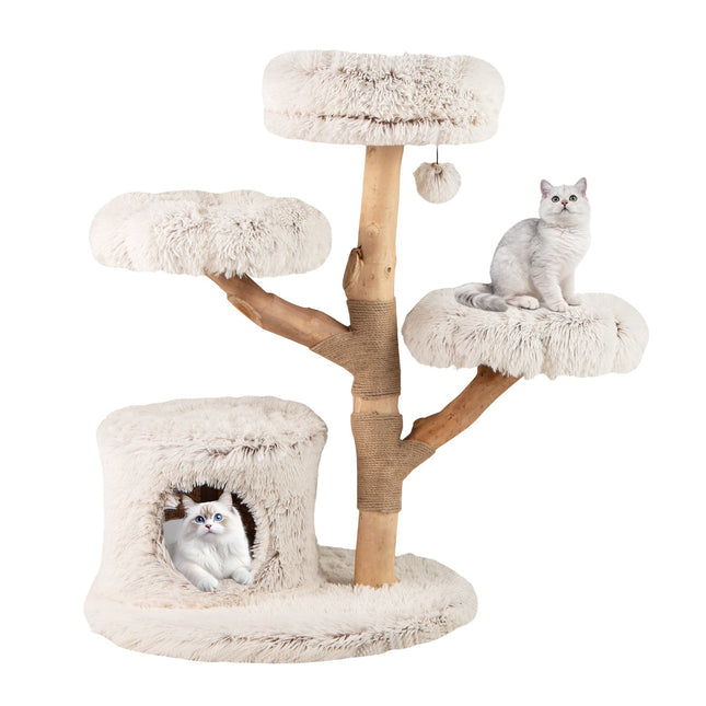 PAWROOM - Cat Tree with Solid Wood Post and Plush Platforms, 102 cm