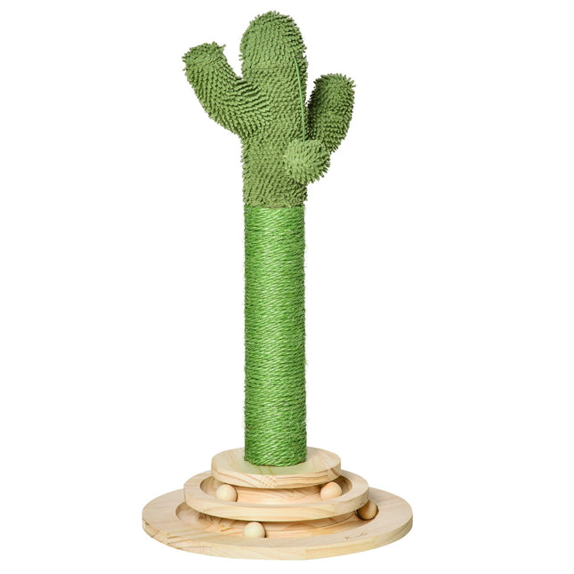 PAWROOM - Cat Scratching Post Cactus Design, Fyrretræ Og Sisal Reb, Med Træboldlegetøj, 60 Cm, Grøn+Naturligt