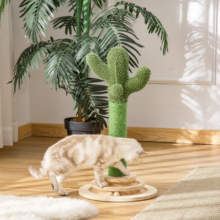 PAWROOM - Cat Scratching Post Cactus Design, Fyrretræ Og Sisal Reb, Med Træboldlegetøj, 60 Cm, Grøn+Naturligt