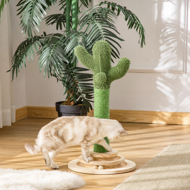PAWROOM - Cat Scratching Post Cactus Design, Fyrretræ Og Sisal Reb, Med Træboldlegetøj, 60 Cm, Grøn+Naturligt