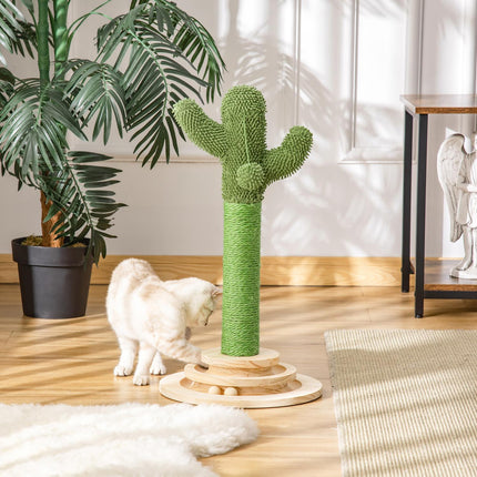 PAWROOM - Cat Scratching Post Cactus Design, Fyrretræ Og Sisal Reb, Med Træboldlegetøj, 60 Cm, Grøn+Naturligt