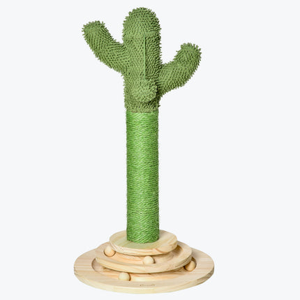 PAWROOM - Cat Scratching Post Cactus Design, Fyrretræ Og Sisal Reb, Med Træboldlegetøj, 60 Cm, Grøn+Naturligt