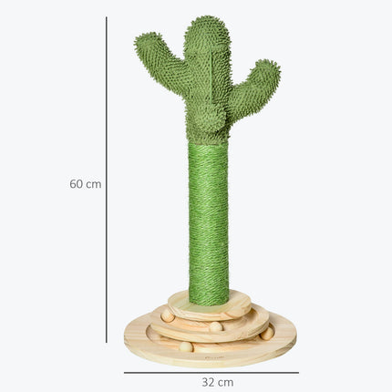 PAWROOM - Cat Scratching Post Cactus Design, Fyrretræ Og Sisal Reb, Med Træboldlegetøj, 60 Cm, Grøn+Naturligt