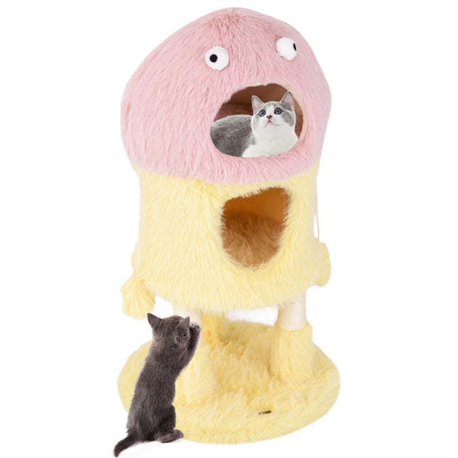 PAWROOM - Lille kradsestolpe 93cm højt monster tema kattetræ med 2 kattehuler pink + gul