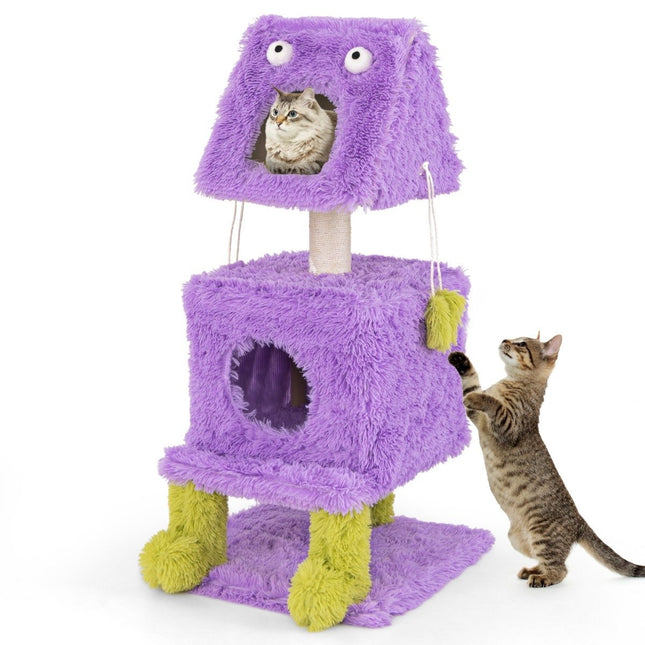 PAWROOM - Cat Scratching Post Small 111cm Monster Theme Cat Tree with 2 Cat Caves & Removable Top Purple