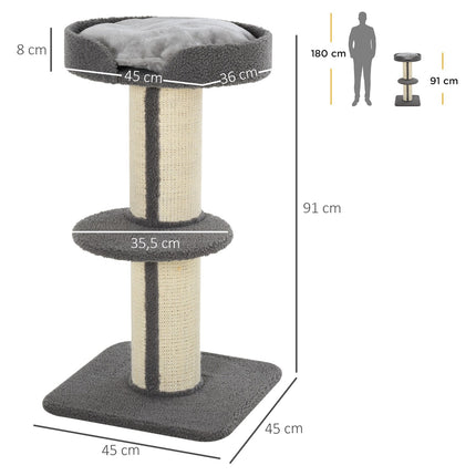 PAWROOM - Kradsestolpe til katte, bæreevne 30 kg, kradsestolpe med platform, stald, sisal, grå