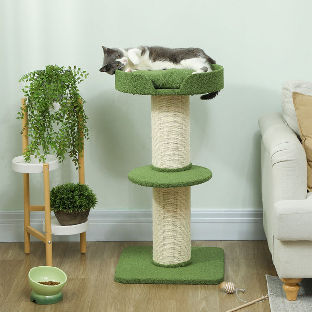 PAWROOM - Kattetræ 91 cm med seng, platforme, sisalstolper, grøn
