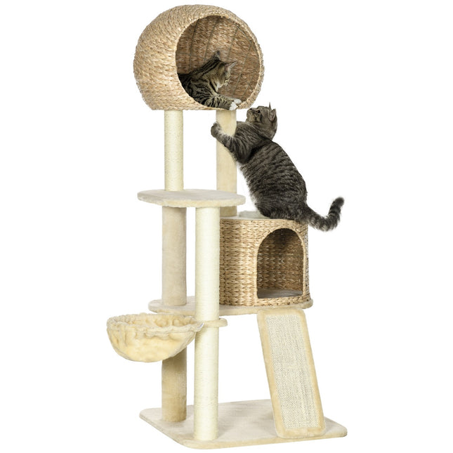 PAWROOM - Kattekradsestolpe med rattan kattehus, flere platforme, hængekøje og rampe, anti-tip, plys, beige, 60 x 60 x 150 cm