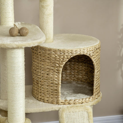 PAWROOM - Kattekradsestolpe med rattan kattehus, flere platforme, hængekøje og rampe, anti-tip, plys, beige, 60 x 60 x 150 cm