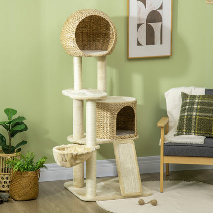 PAWROOM - Kattekradsestolpe med rattan kattehus, flere platforme, hængekøje og rampe, anti-tip, plys, beige, 60 x 60 x 150 cm