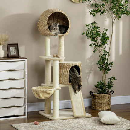 PAWROOM - Kattekradsestolpe med rattan kattehus, flere platforme, hængekøje og rampe, anti-tip, plys, beige, 60 x 60 x 150 cm